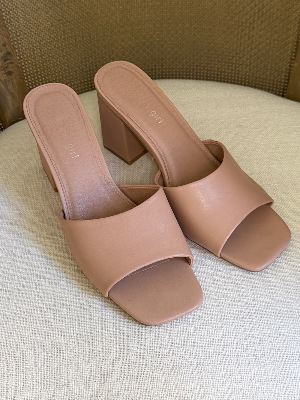 Madden Girl Nude Tan Open-Toe Block Heel Mule